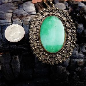 Vintage Oversized Malachite in Silver Pendant Necklace
